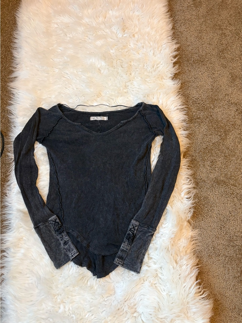 Black Waffle Knit Long Sleeve Top